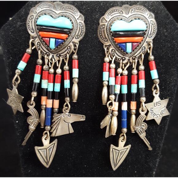 Qt sterling Jewelry - Vintage - Native American- Inlaid & Signed QT Sterling Silver Earrings 925
